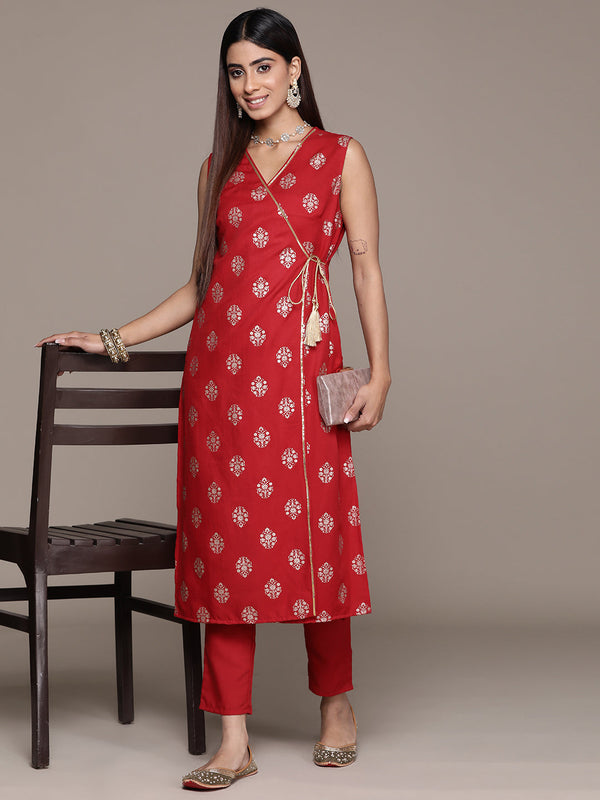 Women's Red Poly Rayon Straight Kurta And Pant Set - Ziyaa