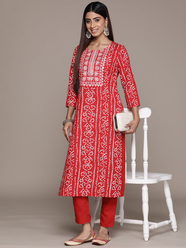 Women's Red Poly Rayon Straight Kurta And Pant Set - Ziyaa