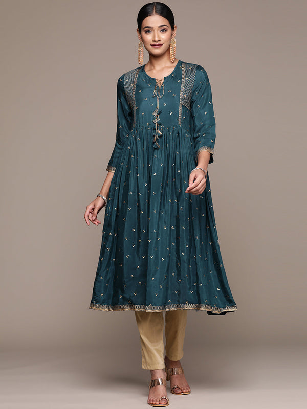 Women's Teal Blue Viscose Santoon Flare Kurta - Ziyaa