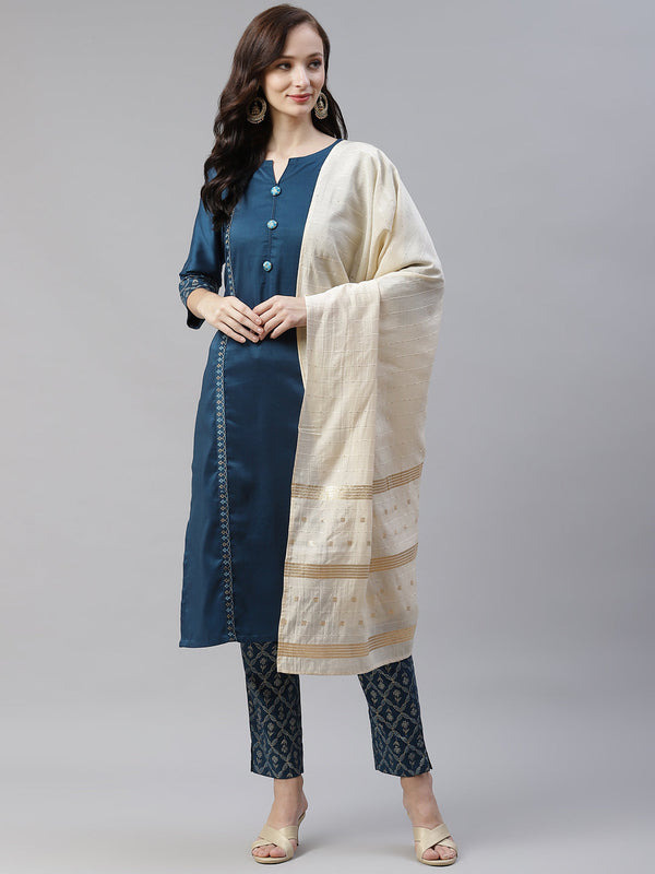 Women Turquoise Blue Kurta With Pant And Dupatta by Ziyaa (3pcs Set)