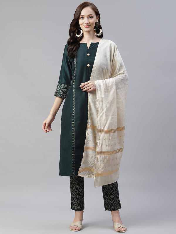 Women Dark Green Kurta with Pant And Dupatta by Ziyaa (3pcs Set)