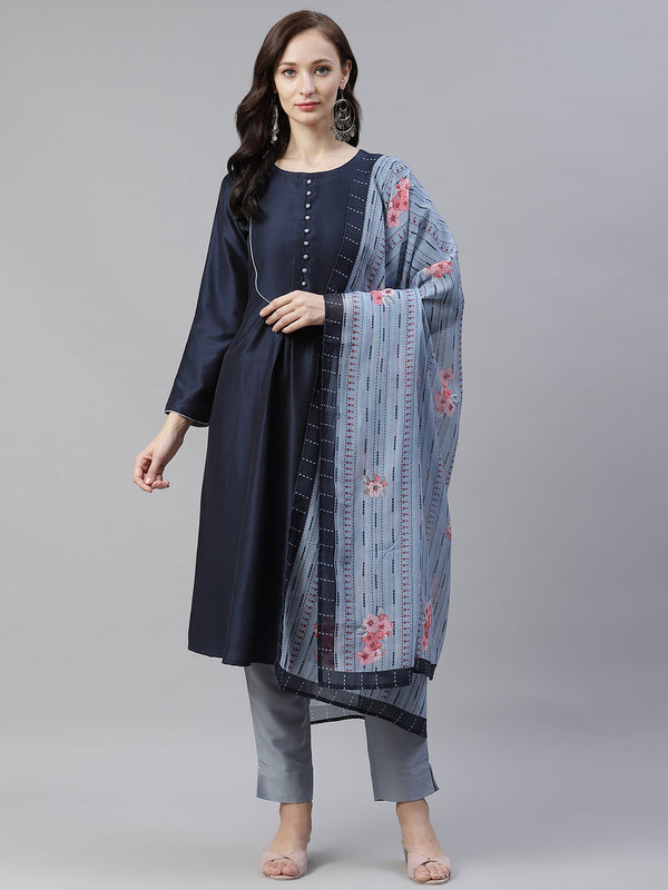 Women Navy Blue A-Line Kurta,Pant and Dupatta Set by Ziyaa (3 Pc Set)