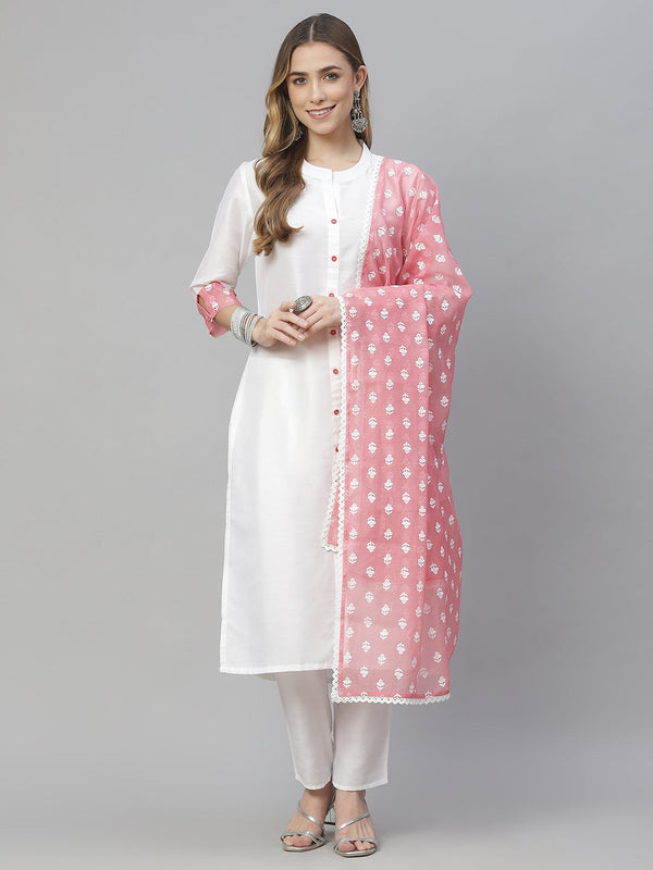 Women White Chinon Kurta with Pant and Dupatta Set by Ziyaa (3 Pc Set)