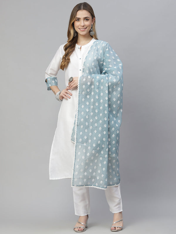 Women White Kurta with Pant & Dupatta Set by Ziyaa (3 Pc Set)