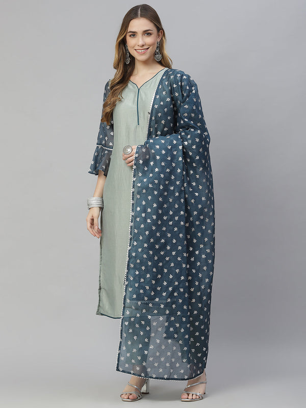 Women Grey Kurta with Pant & Dupatta Set by Ziyaa (3 Pc Set)