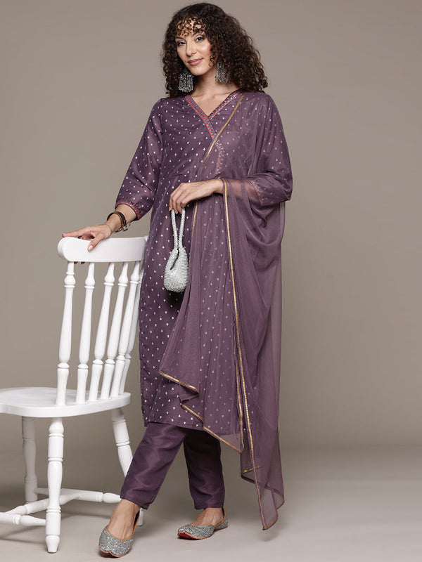 Women's Purple Chinon Straight Kurta, Pant And Dupatta Set - Ziyaa