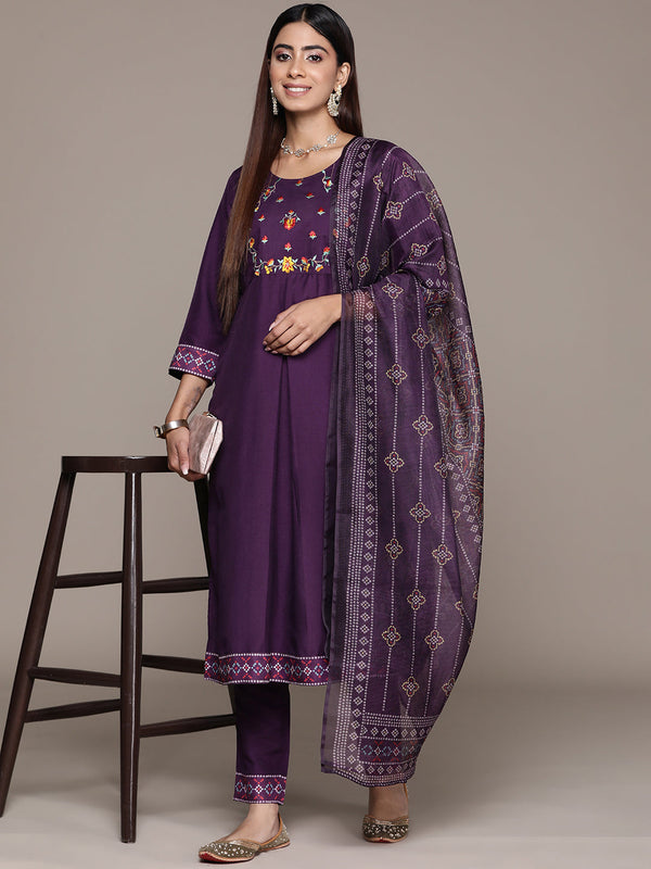 Women's Purple Chinon Flared Kurta, Pant And Dupatta Set - Ziyaa