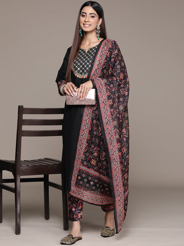 Women's Black Chinon Straight Kurta, Pant And Dupatta Set - Ziyaa