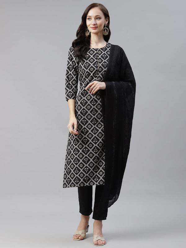 Women Black Printed Kurta with Pant and Dupatta Set by Ziyaa (3 Pc Set)