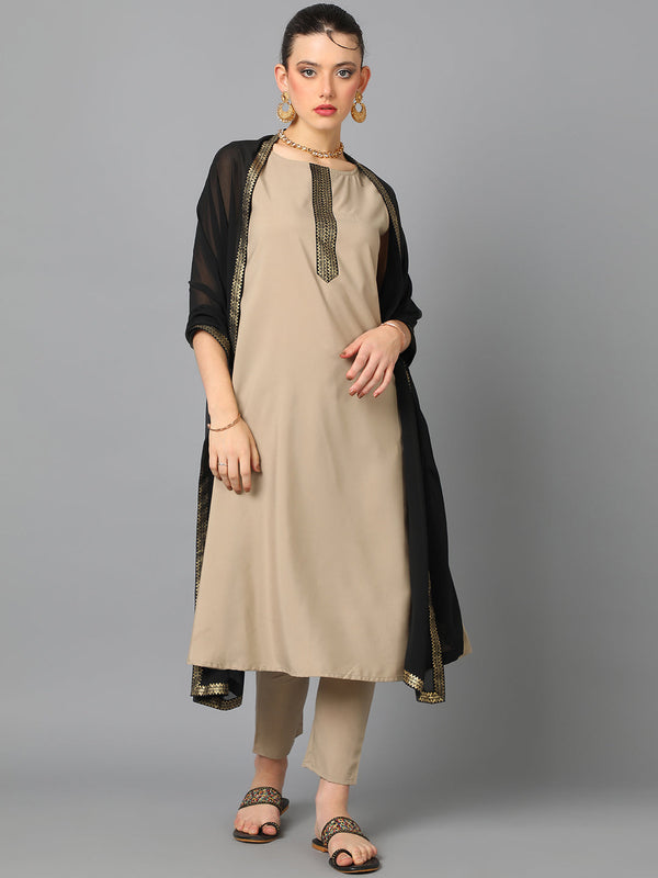 Women's Beige Crepe A-Line Kurta, Pant And Dupatta Set - Ziyaa