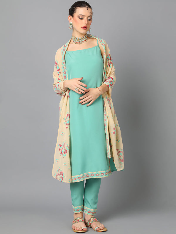 Women's Aqua Green Crepe Straight Kurta, Pant And Dupatta Set - Ziyaa