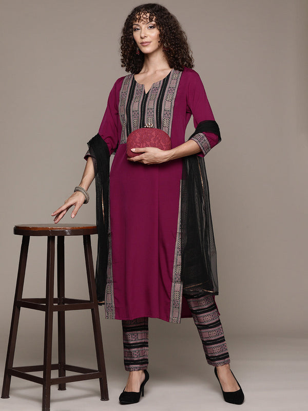 Women's Pink Crepe Kurta, Pant And Dupatta Set - Ziyaa