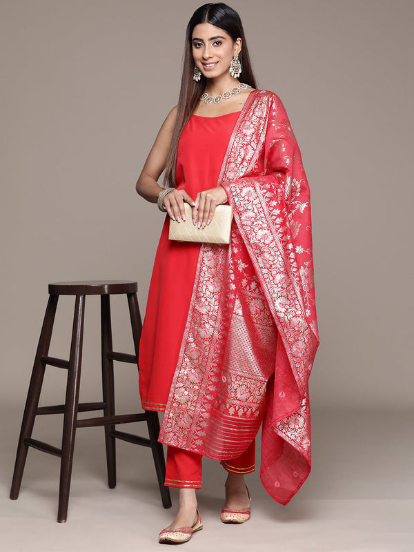 Women's Red Crepe Straight Kurta, Pant And Dupatta Set - Ziyaa