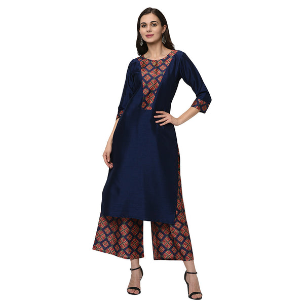 Women's Navy Blue Poly Silk Kurta Palazzo And Dupatta Set - Ziyaa