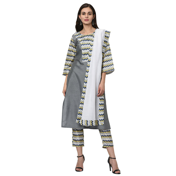 Women's Grey Poly Silk Kurta Pant And Dupatta Set - Ziyaa