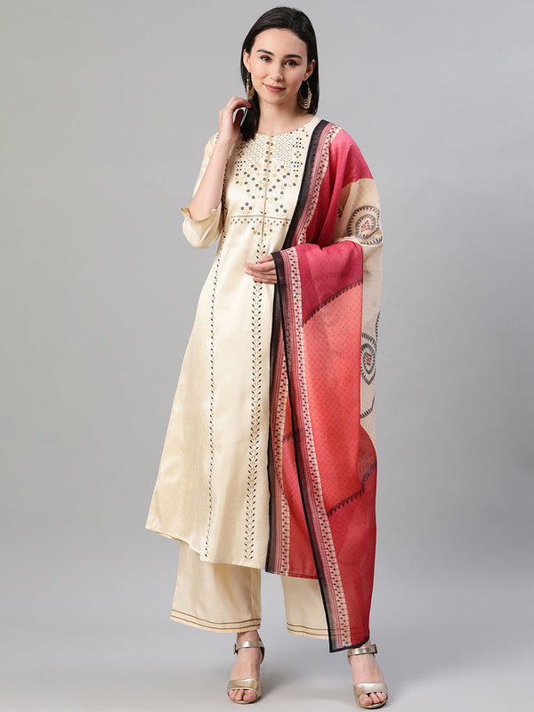 Women's Cream Poly Silk Kurta, Palazzo And Dupatta Set by Ziyaa (3pc Set)