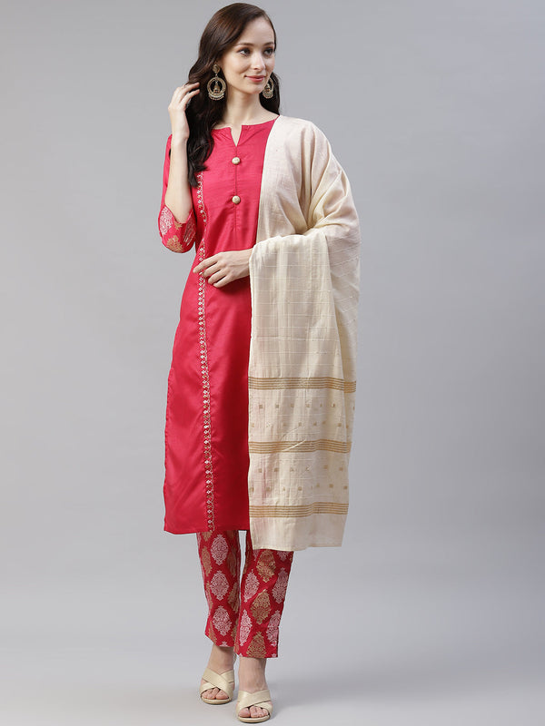 Women Pink Silk Kurta With Pant & Dupatta by Ziyaa (3pcs Set)