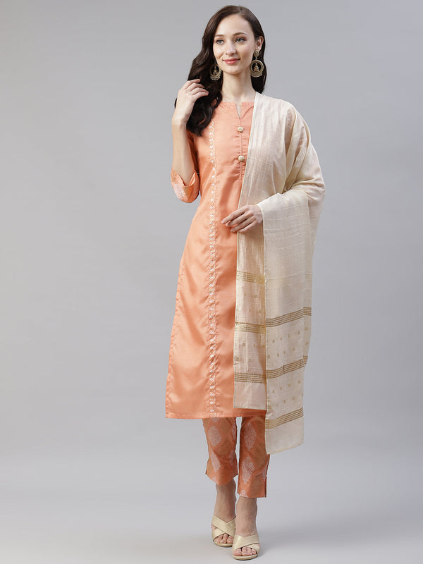 Women Peach Silk Kurta With Pant And Dupatta by Ziyaa (3pcs Set)