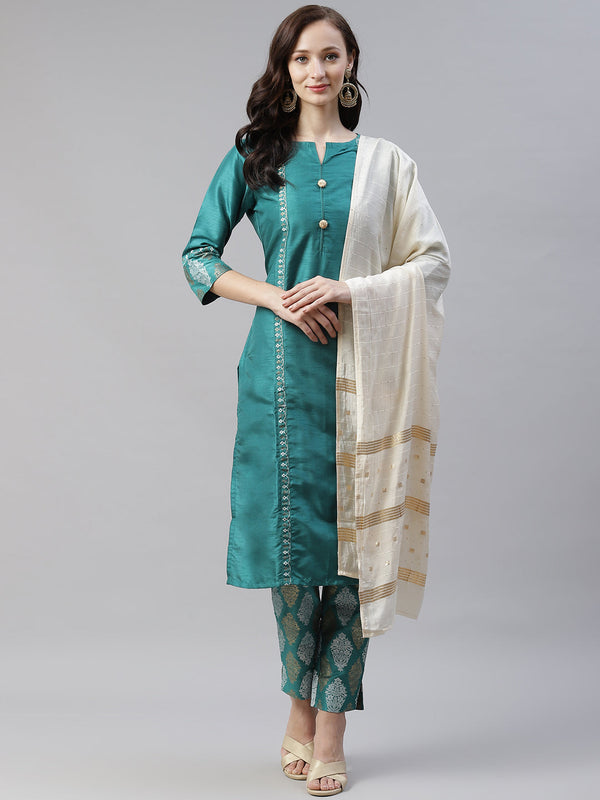 Women Green Kurta with Pant and Dupatta Set by Ziyaa (3 Pc Set)