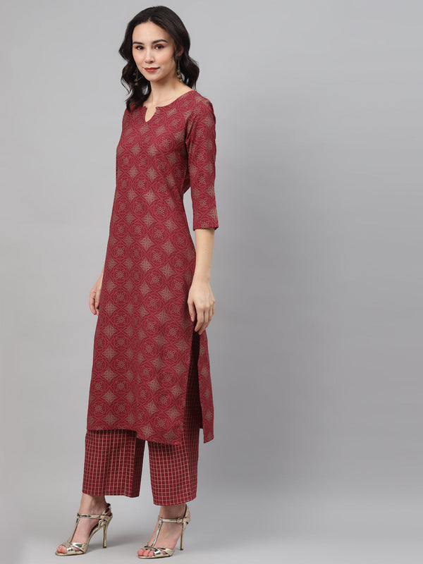 Women's Maroon Color Screen Print Straight Kurta,Palazzo And Dupatta Set - Ziyaa