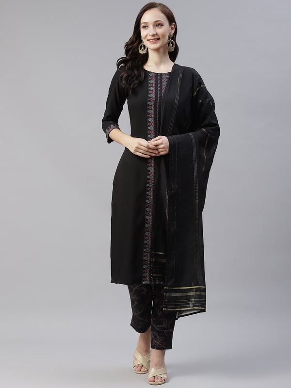 Womes Black Rayon Kurta With Pant And Dupatta Set by Ziyaa (3pcs Set)