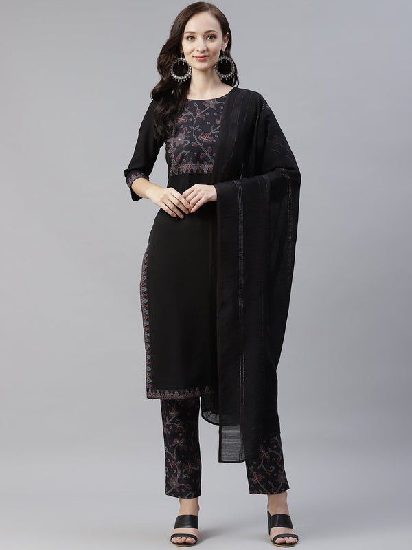 Women's Black Color Dyed Straight Kurta,Pant And Dupatta Set - Ziyaa