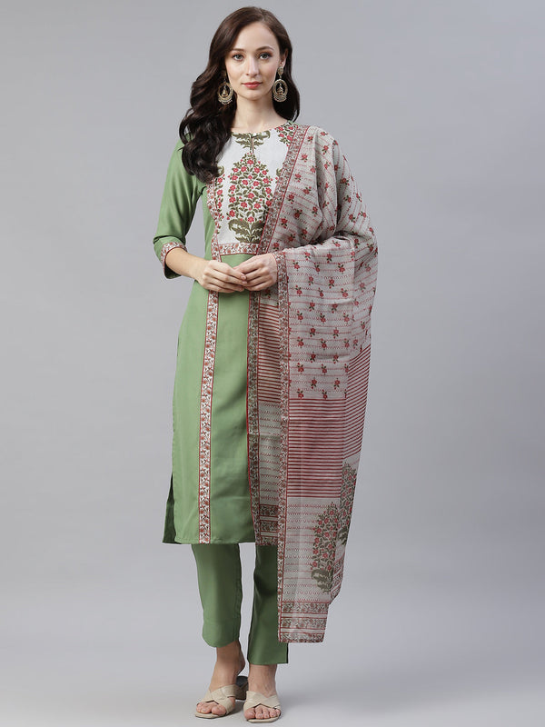 Women Green Printed Kurta with Pant and Dupatta Set by Ziyaa (3 Pc Set)