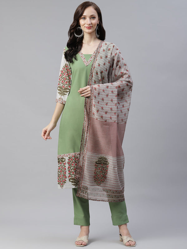 Women's Green Kurta-Pant And Dupatta Set by Ziyaa- (3pcs set)