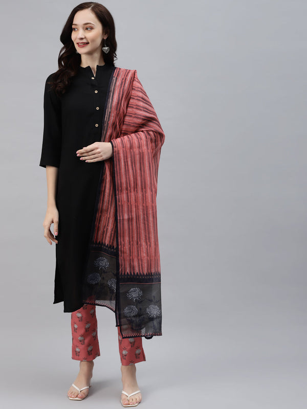 Women's Black Rayon Kurta With Pant And Dupatta Set by Ziyaa (3 pc Set)