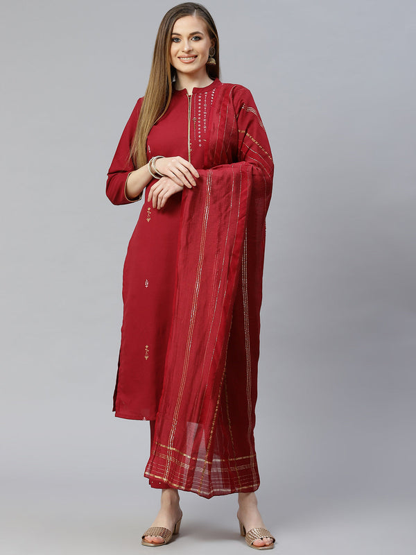 Women Maroon Rayon Kurta With Pant And Dupatta Set by Ziyaa (3pcs Set)