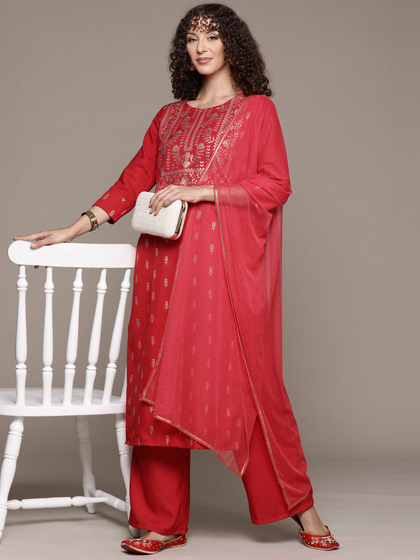 Women's Red Rayon Kurta, Palazzo And Dupatta Set - Ziyaa