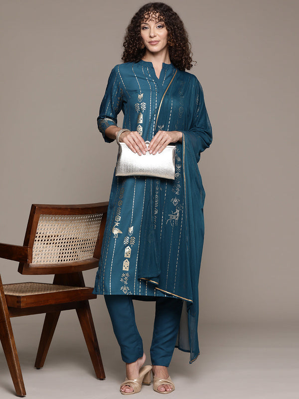 Women's Teal Blue Rayon Kurta, Pant And Dupatta Set - Ziyaa