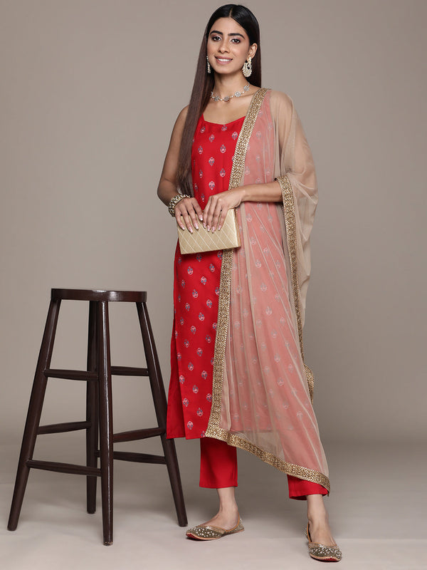 Women's Red Poly Rayon Straight Kurta, Pant And Dupatta Set - Ziyaa