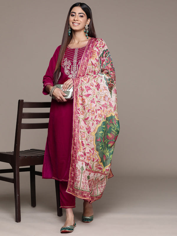 Women's Pink Velvet Straight Kurta, Pant And Dupatta Set - Ziyaa