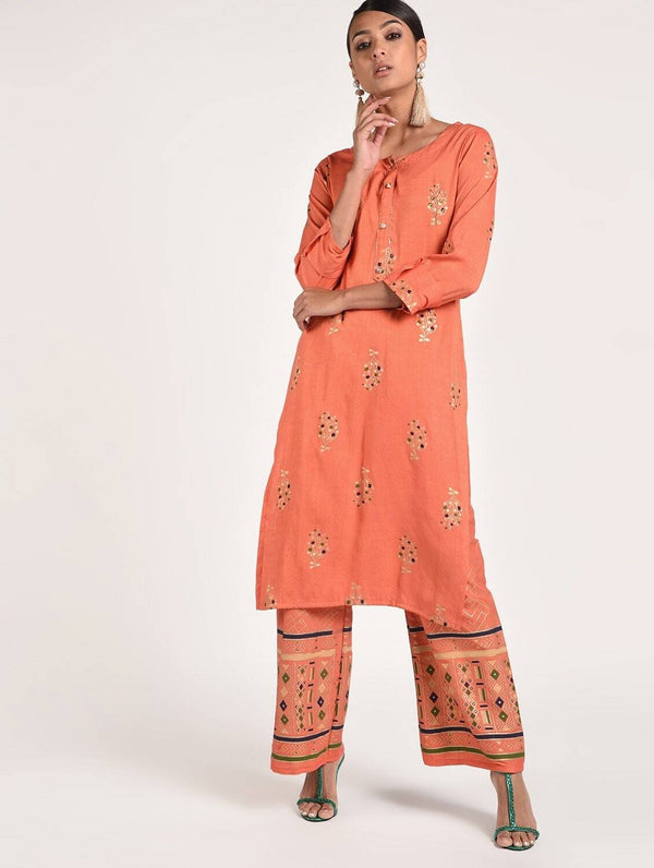 Women's Peach Viscose Rayon Beautiful Gold Print And Highlights With Sequence Straight Kurta Only - Cheera