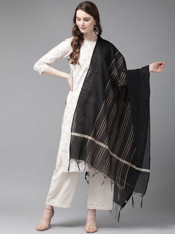 Women's Black Chanderi Cotton Multi Stripes Dupatta - Juniper