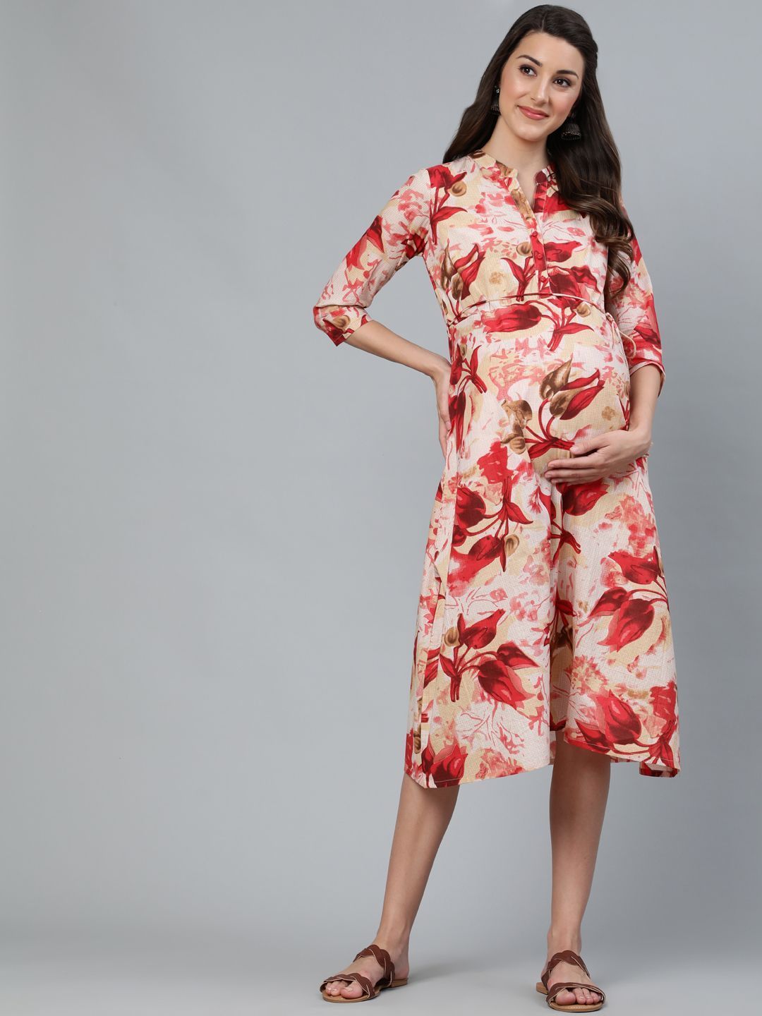 Women's Red Floral Printed Maternity Dress - AKS