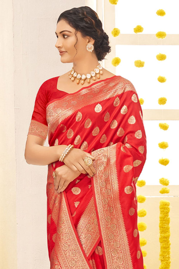 Women's Red Silk Woven Zari Work Traditional Tassle Saree - Sangam Prints