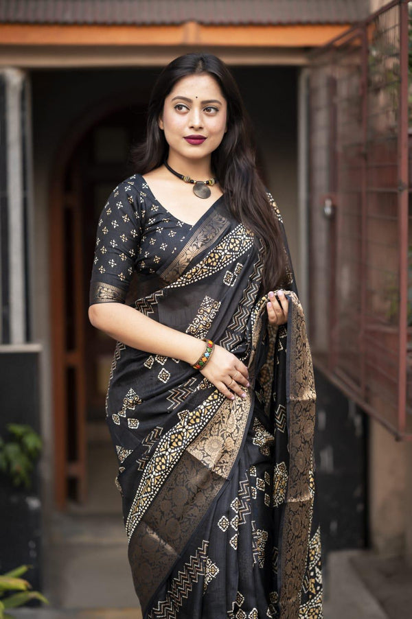 Women's Black Soft Cotton Crape Saree With Blouse - A2M