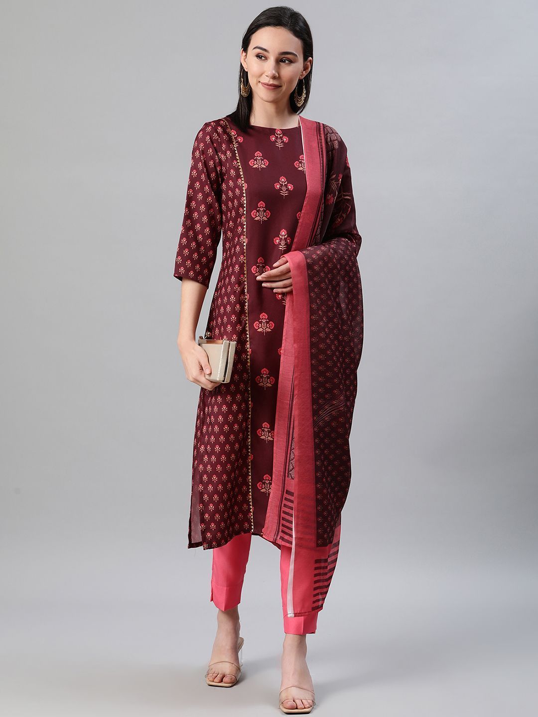 Women Maroon Printed Kurta with Pant and Dupatta Set by Ziyaa (3 Pc Set)