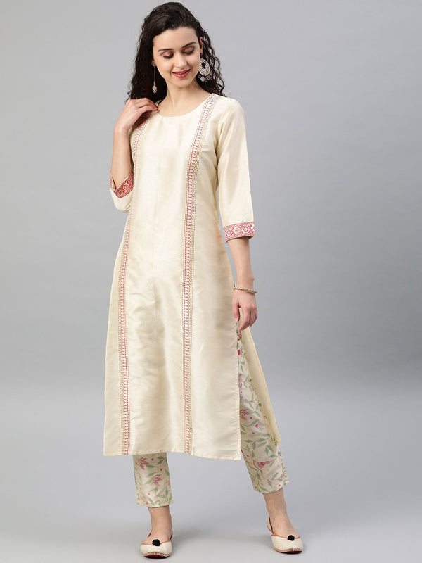 Women's Cream Foil Print Polysilk Kurta by Ziyaa- (1pc set)