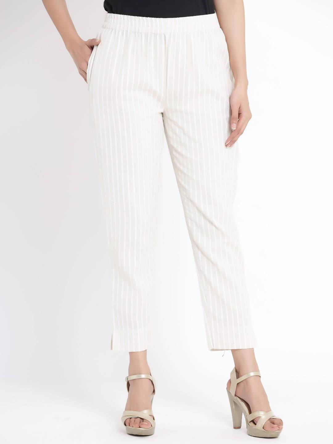 Women's Natural Cotton Flex Striped Straight Pant With Scrunchie - Juniper