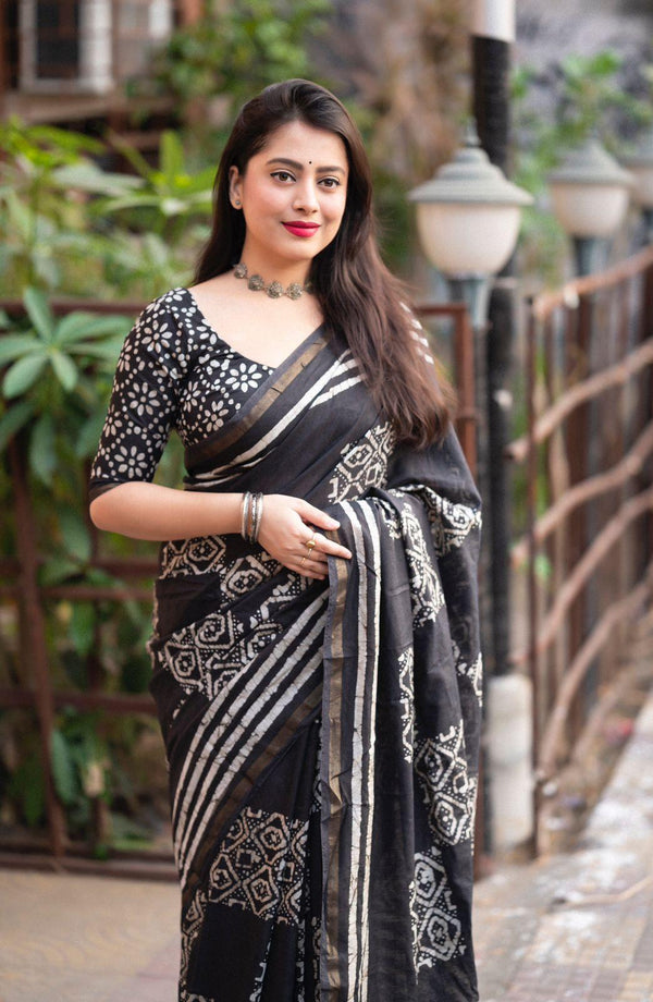 Women's Black Soft Pure Cotton Saree With Blouse - A2M