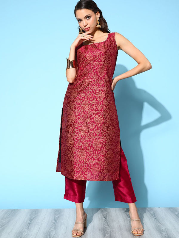 Wine Poly Silk Gold Paste Printed Kurta Pant Set