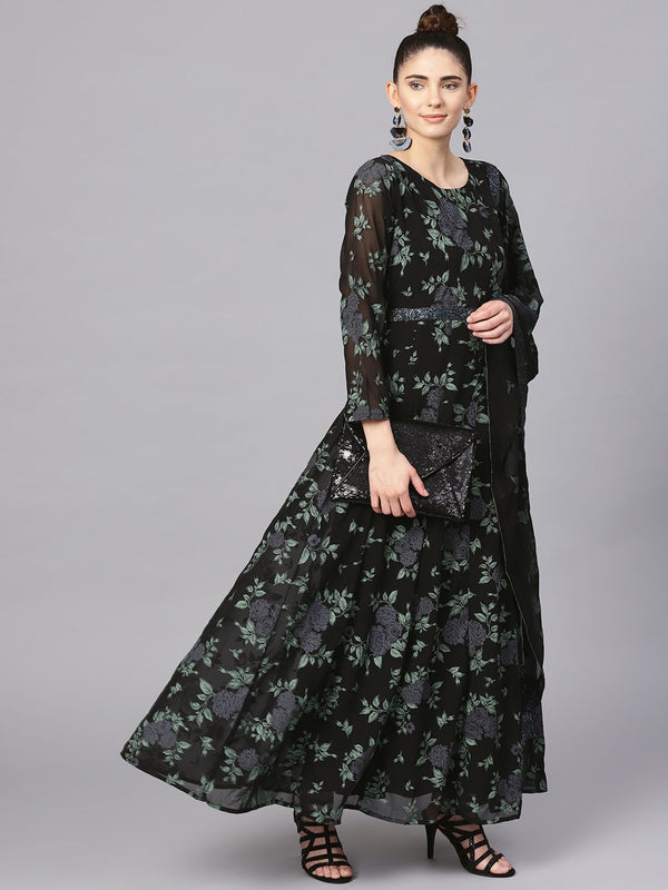 Black Printed Georgette Anarkali Kurta With Dupatta