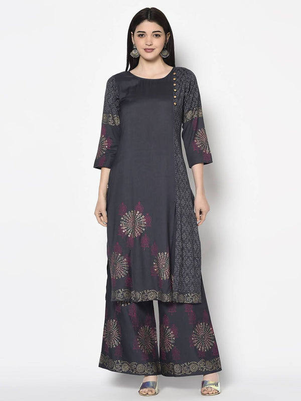 Women's Dark grey Rayon Block print straight kurta Palazzo set - Aniyah