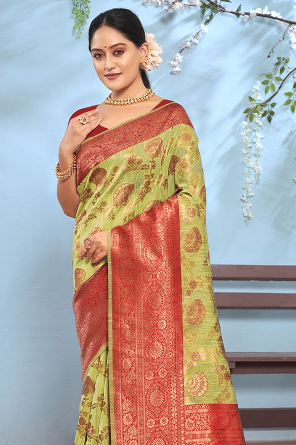 Women's Parrot Green Cotton Woven Zari Work Traditional Tassle Saree - Sangam Prints