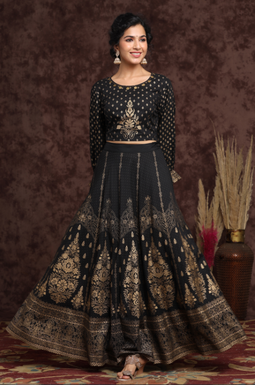 Women's Black Rayon Printed Lehenga Choli Set - Juniper