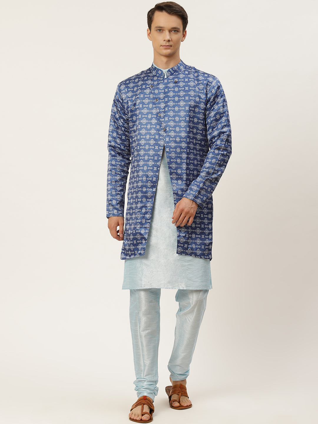 Men's Silk Blend Sky Blue Kurta Pyjama & Blue Jacket Combo - Sojanya