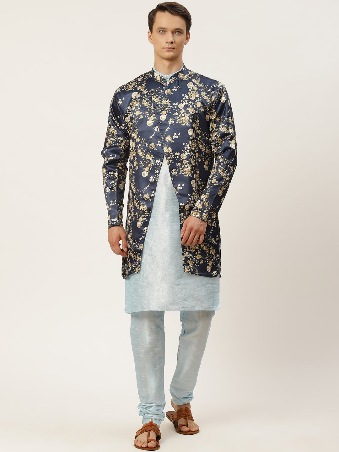 Men's Silk Blend Sky Blue Kurta Pyjama & Navy Jacket Combo - Sojanya